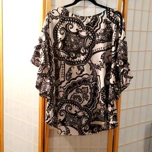 Black and White Paisley Flutter Sleeve Blouse